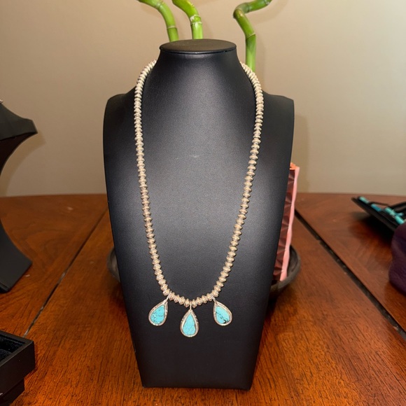 Very OLD “RB” .925 Spiderweb Turquoise Saucer Bench Bead Necklace - Picture 7 of 13